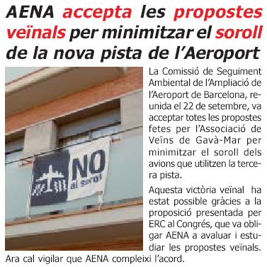 Notícia publicada a L'ERAMPRUNYÀ (Número 26 - Octubre de 2005) sobre l'aprovació a la CSAAB de les propostes de l'AVV de Gavà Mar i de l'Ajuntament de Gavà